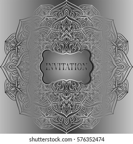 Baroque background with antique, luxury gray and metal silver vintage frame, victorian banner, damask floral wallpaper ornaments, invitation card, baroque style booklet, fashion pattern, template.
