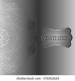 Baroque background with antique, luxury gray and metal silver vintage frame, victorian banner, damask floral wallpaper ornaments, invitation card, baroque style booklet, fashion pattern, template.