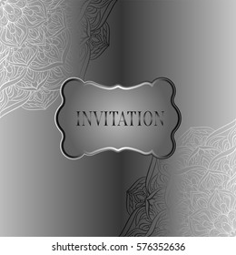 Baroque background with antique, luxury gray and metal silver vintage frame, victorian banner, damask floral wallpaper ornaments, invitation card, baroque style booklet, fashion pattern, template.