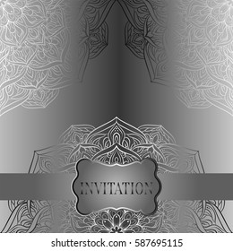 Baroque background with antique, luxury gray and metal silver vintage frame, victorian banner, damask floral wallpaper ornaments, invitation card, baroque style booklet, fashion pattern, template.