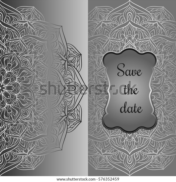 Baroque background with antique, luxury gray
and metal silver vintage frame, victorian banner, damask floral
wallpaper ornaments, invitation card, baroque style booklet,
fashion pattern,
template.