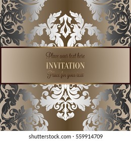 Baroque background with antique, luxury silver and gold vintage frame, victorian banner, damask floral wallpaper ornaments, invitation card, baroque style booklet, fashion pattern.