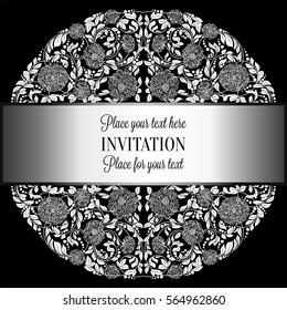 Baroque background with antique, luxury silver and gray vintage frame, victorian banner, damask floral wallpaper ornaments, invitation card, baroque style booklet, fashion pattern, template for design