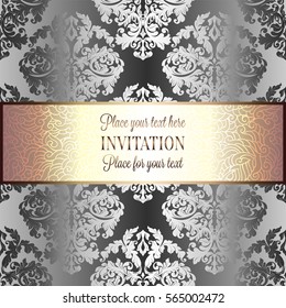 Baroque background with antique, luxury silver and gold vintage frame, victorian banner, damask floral wallpaper ornaments, invitation card, baroque style booklet, fashion pattern.