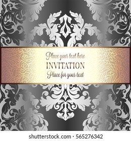 Baroque background with antique, luxury silver and gold vintage frame, victorian banner, damask floral wallpaper ornaments, invitation card, baroque style booklet, fashion pattern.
