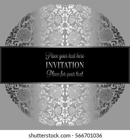 Baroque background with antique, luxury silver and gray vintage frame, victorian banner, damask floral wallpaper ornaments, invitation card, baroque style booklet, fashion pattern, template for design