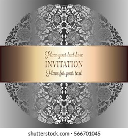 Baroque background with antique, luxury silver and gray vintage frame, victorian banner, damask floral wallpaper ornaments, invitation card, baroque style booklet, fashion pattern, template for design