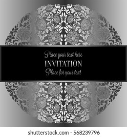 Baroque background with antique, luxury silver and gray vintage frame, victorian banner, damask floral wallpaper ornaments, invitation card, baroque style booklet, fashion pattern, template for design