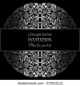 Baroque background with antique, luxury silver, black and gray vintage frame, victorian banner, damask floral wallpaper ornaments, invitation card, baroque style booklet, fashion pattern