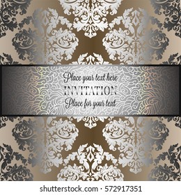 Baroque background with antique, luxury silver and gold vintage frame, victorian banner, damask floral wallpaper ornaments, invitation card, baroque style booklet, fashion pattern.