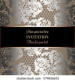 Baroque background with antique, luxury silver lace and metal gold vintage frame, victorian banner,damask intricate wallpaper ornaments, invitation card, baroque style booklet, lace decoration,textile