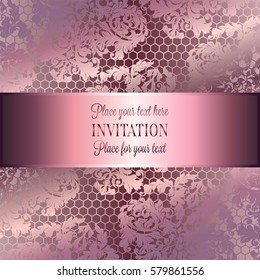 Baroque background with antique, luxury silver lace and metal gold vintage frame, victorian banner,damask intricate wallpaper ornaments, invitation card, baroque style booklet, lace decoration,textile