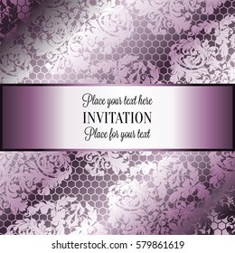 Baroque background with antique, luxury silver lace and metal gold vintage frame, victorian banner,damask intricate wallpaper ornaments, invitation card, baroque style booklet, lace decoration,textile