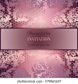 Baroque background with antique, luxury silver lace and metal gold vintage frame, victorian banner,damask intricate wallpaper ornaments, invitation card, baroque style booklet, lace decoration,textile