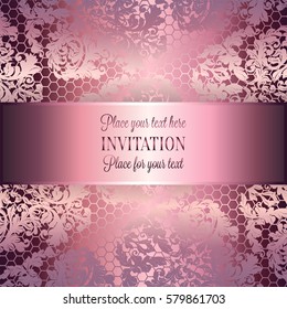Baroque background with antique, luxury silver lace and metal gold vintage frame, victorian banner,damask intricate wallpaper ornaments, invitation card, baroque style booklet, lace decoration,textile