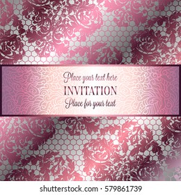 Baroque background with antique, luxury silver lace and metal gold vintage frame, victorian banner,damask intricate wallpaper ornaments, invitation card, baroque style booklet, lace decoration,textile