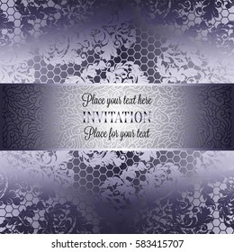 Baroque background with antique, luxury silver lace and metal gold vintage frame, victorian banner,damask intricate wallpaper ornaments, invitation card, baroque style booklet, lace decoration,textile