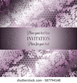Baroque background with antique, luxury silver lace and metal gold vintage frame, victorian banner,damask intricate wallpaper ornaments, invitation card, baroque style booklet, lace decoration,textile
