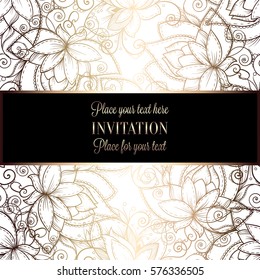 Baroque background with antique, luxury white and gold vintage frame, victorian banner, damask floral wallpaper ornaments, invitation card, baroque style booklet, fashion pattern, template for design.