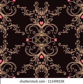 Baroque black and gold vintage background with hearts