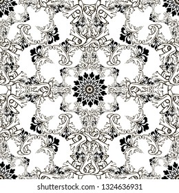 Baroque black and white ornamental vector seamless pattern. Monochrome Damask background. Repeat floral ornate backdrop. Vintage antique baroque ornament in Victorian style. Isolated design on white.