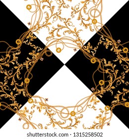 Baroque black and white seamless pattern with chains and leaves. Vector luxury patch for fabric, scarf.