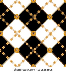 Baroque black and white seamless pattern with chains. Vector luxury patch for fabric, scarf.