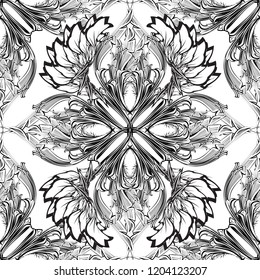 Baroque black and white vector seamless pattern. Damask monochrome ornamental background. Repeated floral backdrop. Vintage sketching flowers, leaves, skroll. Antique old style ornament. Ornate design