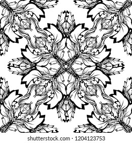 Baroque black and white vector seamless pattern. Damask monochrome ornamental background. Repeated floral backdrop. Vintage sketching flowers, leaves, skroll. Antique old style ornament. Ornate design