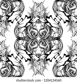 Baroque black and white vector seamless pattern. Damask monochrome ornamental background. Repeated floral backdrop. Vintage sketching flowers, leaves, skroll. Antique old style ornament. Ornate design