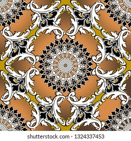 Baroque black and white vector seamless pattern. Colorful ornamental background. Vintage ornate floral antique style baroque ornament with elegance flowers, leaves, scrolls, lines, round mandalas