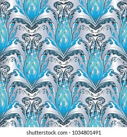 Baroque blue silver seamless pattern. Vector floral background wallpaper fabric with elegance 3d flowers, scroll  leaves, lines, antique abstract ornaments in Baroque style. Surface luxury texture