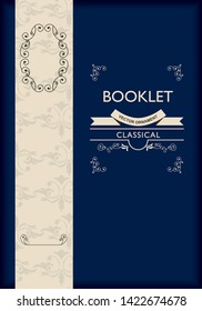 Baroque book, menu cover template design, retro, vintage design, lined template, deep blue & cream color