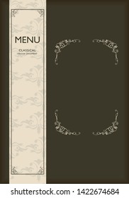 Baroque book, menu cover template design, retro, vintage design, lined template, deep brown & cream color