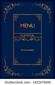 Baroque book, menu cover template design, retro, vintage design, decorative lined template, blue & gold