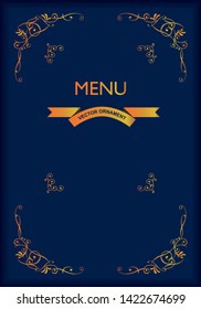 Baroque book, menu cover template design, retro, vintage design, decorative lined template, blue & gold