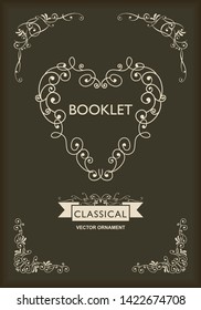 Baroque book, menu cover template design, retro, vintage design, lined template, deep brown & cream color