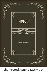 Baroque book, menu cover template design, retro, vintage design, lined template, deep brown & cream color