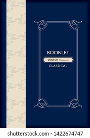 Baroque book, menu cover template design, retro, vintage design, lined template, deep blue & cream color