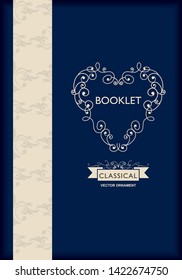 Baroque book, menu cover template design, retro, vintage design, lined template, deep blue & cream color