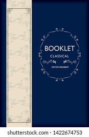 Baroque book, menu cover template design, retro, vintage design, lined template, deep blue & cream color