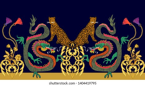 	
Baroque border with Asian dragons and leopards. Seamless vector patten with wild fantasy creatures and golden scrolls. Template for cards and textile. On black backgound.