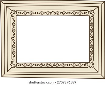 Marco de borde barroco con líneas de filigrana rizadas y contorno dibujado a mano. El moldeado rectangular antiguo muestra el recorte de la voluta y el espacio central vacío. Ilustración vectorial de dibujos animados