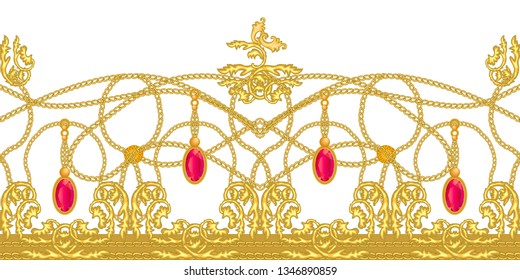 Baroque border with golden chains. Realistic scrolls, gems other decorative elements on white background. Vintage design collection.