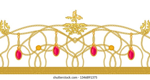 Baroque border with golden chains. Realistic scrolls, ubies other decorative elements on white background. Vintage design collection.