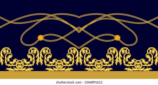 Baroque border with golden chains. Realistic scrolls other decorative elements on dark background. Vintage design collection.