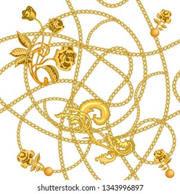 	
Baroque border golden chains and roses. Seamless vector pattern with jewelry elements. Women's fashon collection. On white background.