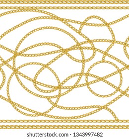 	
Baroque border golden chains. Seamless vector pattern with jewelry elements. Women's fashon collection. On white background.
