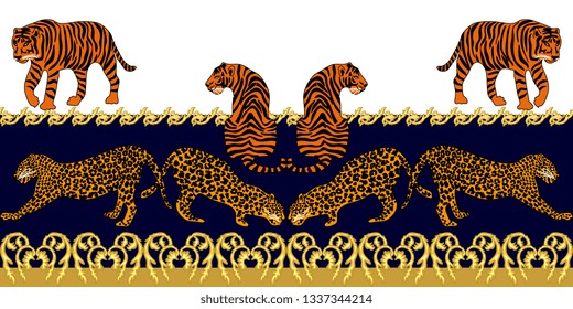 Baroque border with leopards, tigers sand jewelry elements. Seamless vector patten with wild animals and golden scrolls. Template for cards and textile. 