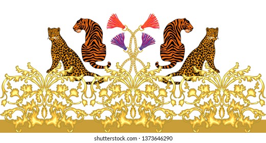 Baroque border with leopards and tigers. Seamless vector patten with wild animals and golden leaves. Template for cards and textile. On white background.